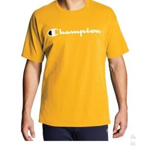 Champion Men's Yellow Cotton Midweight Crewneck Graphic Script T-shirt Size S